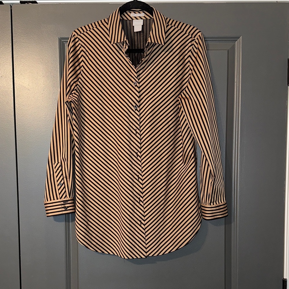 Chico's Beige and Black Diagonal Stripe Blouse